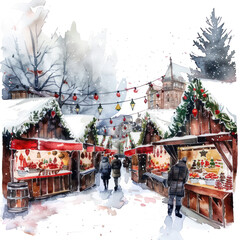 Christmas market watercolor illustration isolated on transparent. Christmas png file for art work.
