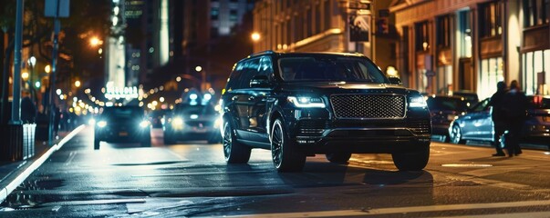 Black SUV driving through city streets at night.