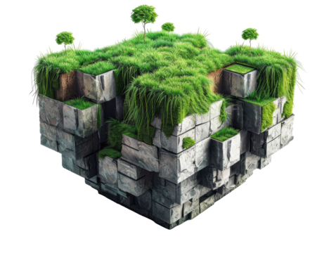 Green artificial plants on a 3D cubical grassland