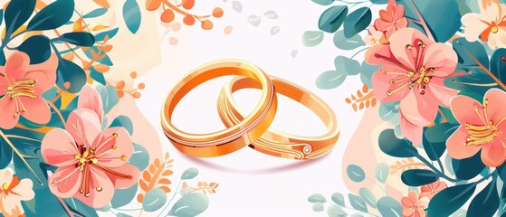 Wedding rings, floral decorations, flat design illustration