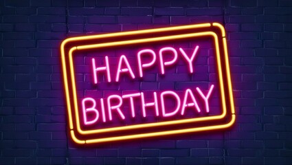 Obraz premium Vector realistic isolated neon sign of the text HAPPY BIRTHDAY frame logo on the dark brick wall background