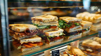 A variety of gourmet sandwiches with different fillings displayed in a glass case at a deli, showcasing fresh and appetizing ingredients.