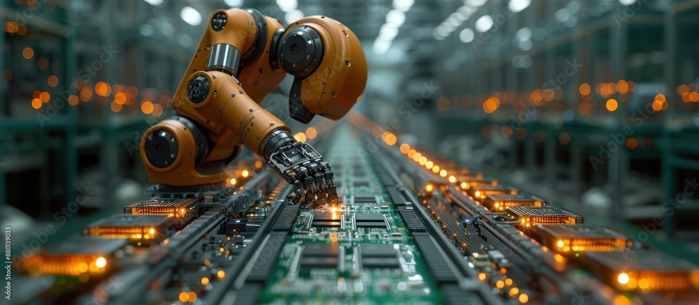 Aufkleber robot arm on an automated pcb assembly line inside a modern electronics factory