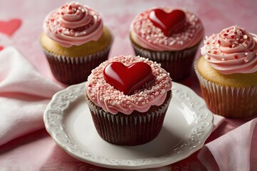 Valentine's Day Sweet Heart-Shaped Cupcake with Red Frosting image Generated by Ai 