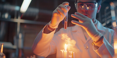 Cientista usando jaleco e segurando um tubo de ensaio