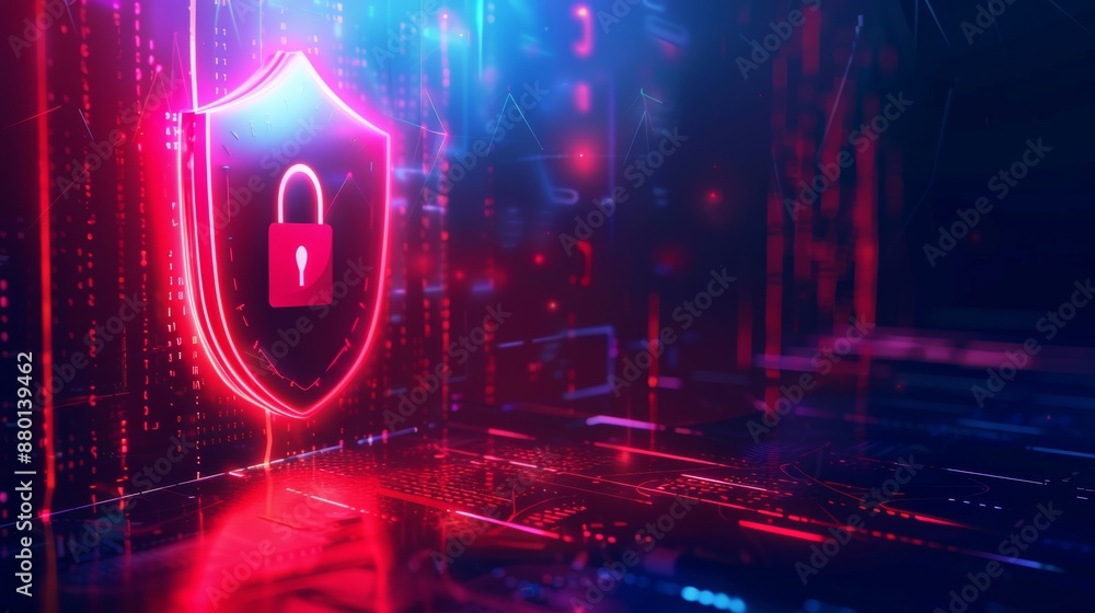Fototapete holographic red glow banner with a simplified cybersecurity icon providing ample space for text or c