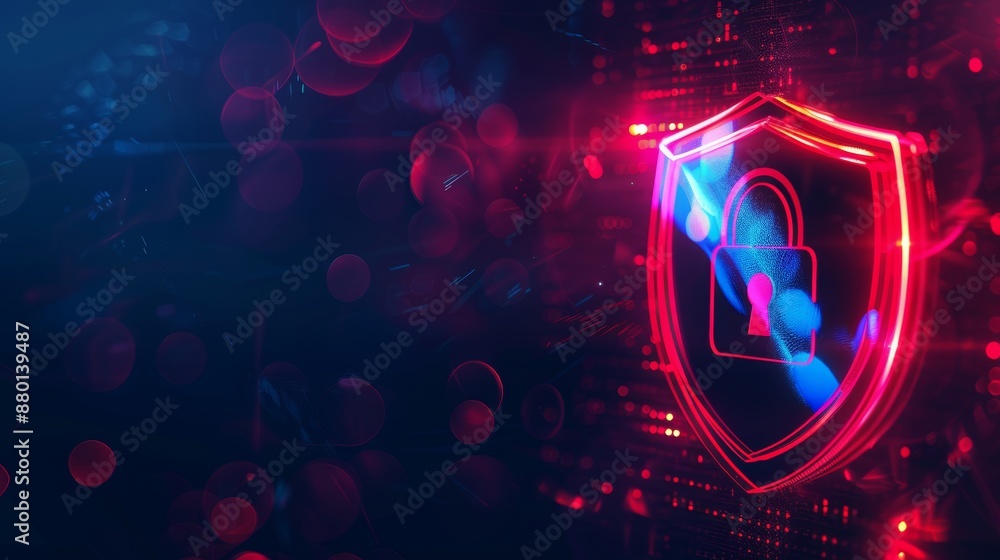 Poster cybersecurity minimalist icon hologram in red glow banner design with blank or copy space.* cybersec