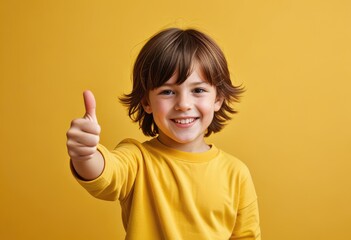 a child with an obscured face giving a thumbs up, set against a bright yellow background to convey a cheerful and positive vibe