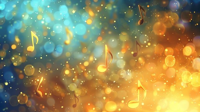 Vivid blue and gold backdrop adorned with musical notes crafted by AI's melodic genius.