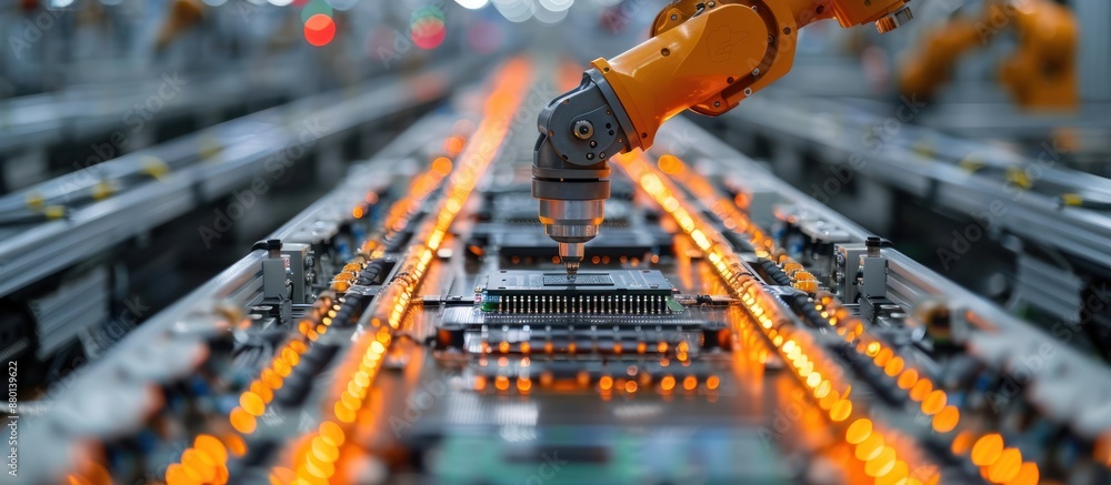 Aufkleber robot arm on an automated pcb assembly line inside a modern electronics factory