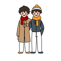 Two young men are standing next to each other, both wearing scarves