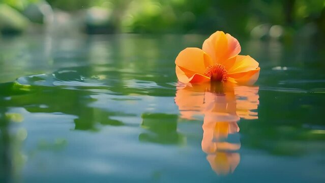 Orange Flower Floating on Tranquil Water with Ai generated.
