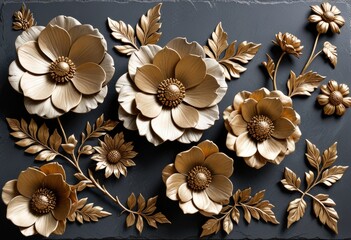 collection of sculpted flowers with a metallic finish, displaying intricate textures on an aged stone surface
