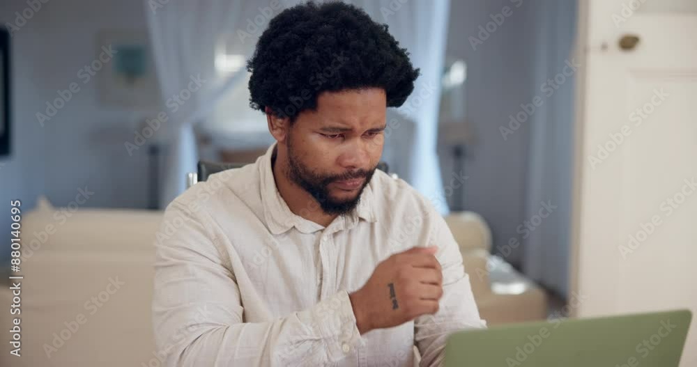 Poster black man, laptop and internet for remote work or thinking in home, anxiety for startup company with