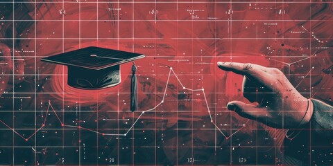 Graph Analysis with Hand and Graduation Cap on Red Gridded Background