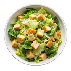 Caesar salad on white bowl top view isolated on transparent background