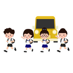 thai student crossing the crosswalk back to school, Cute cartoon character illustration flat style