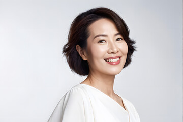Fototapeta premium A woman with a short haircut and a white shirt is smiling