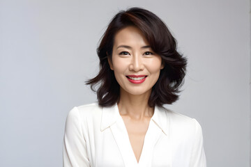 A woman with short hair and a white shirt is smiling