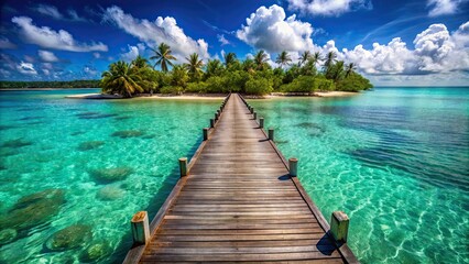Wooden pier stretching over crystal clear turquoise waters in a lush tropical paradise , tropical, paradise, wooden pier, pier