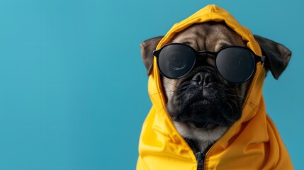 Fototapeta premium Cool Pug in Yellow Raincoat and Sunglasses