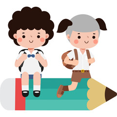 cartoon thai student flying on Pencil, cute kid riding a Pencil character, back to school