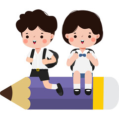 cartoon thai student flying on Pencil, cute kid riding a Pencil character, back to school