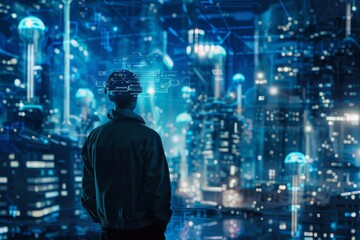 Fototapeta premium Man in VR Headset Looking at Futuristic Cityscape