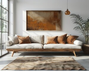 Minimalist Living Room: Bright White Horizontal Canvas Mockup on Wall, Mid-Century Modern Couch with Clean Lines and Decorative Pillows