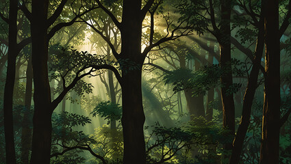 Obraz premium A wallpaper that takes you beneath the forest canopy, with intertwining tree branches, dappled sunlight, and glimpses of wildlife, 