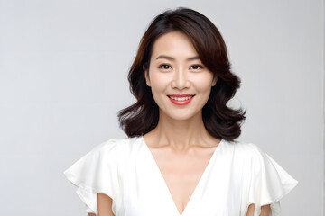 A woman with long brown hair and a white dress is smiling