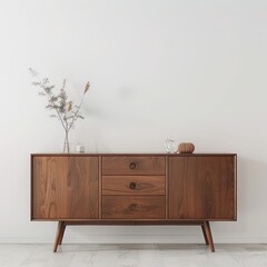 Stylish chestnut sideboard with midcentury modern design against a white empty wall, perfect for contemporary interiors