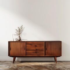 Chic chestnut sideboard with midcentury modern style positioned near an empty white wall for modern decor
