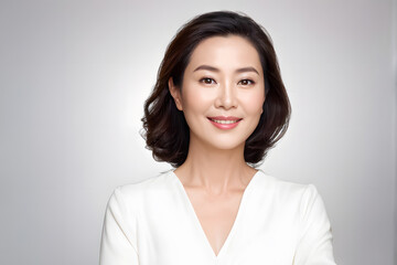 Fototapeta premium A woman with a white shirt and brown hair is smiling