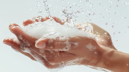 Fototapeta premium Young Woman use soap and washing hands under the water tap. Hygiene concept hand detail,enjoying home spa procedure, selective focus.
