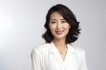 A woman with a necklace and a smile on her face