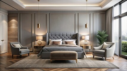 Fototapeta premium Luxurious bedroom oasis featuring a grey bed and armchair in a minimalist setting, luxury, bedroom, oasis, grey, bed