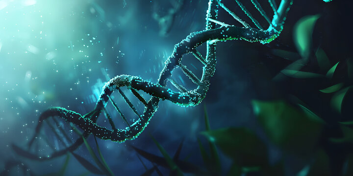 DNA dupla h&eacute;lice em tons de azul e verde.