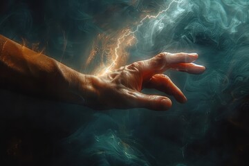 Fototapeta premium A hand reaching out from darkness, its finger illuminated by light.