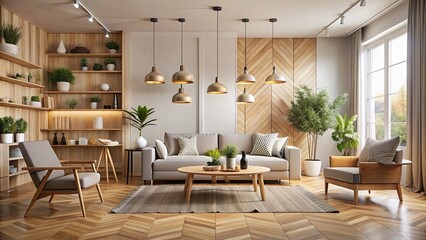 Fototapeta premium Scandinavian modern room with wooden elements, artistic decor, and creative lighting , Scandinavian, modern, room, wooden