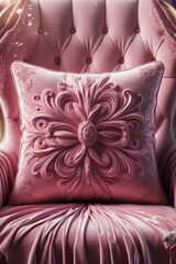 A majestic, 4D metaverse atmosphere, plush royal pink pillow, fluffy pillow, King queen chair and pillow, background photo 
