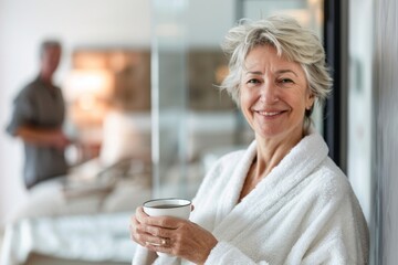 Portrait of a happy senior woman in a bathrobe holding a coffee cup while standing near the bathroom with a blurred husband getting ready for the day. People and lifestyle concept.
