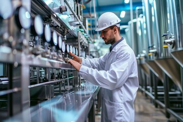 Worker in a White Lab Coat Examining Gauge Readings in a Factory