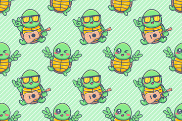 happy turtle animal character seamless pattern vector illustration background 