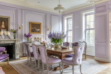 Elegant Lavender Dining Room with Floral Accents