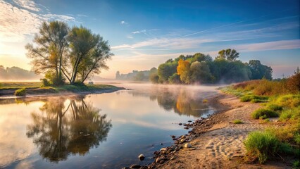 Fototapeta premium Misty morning by the Vistula River, old riverbed , fog, sunrise, landscape, nature, tranquil, calm, peaceful, serene, mist, water