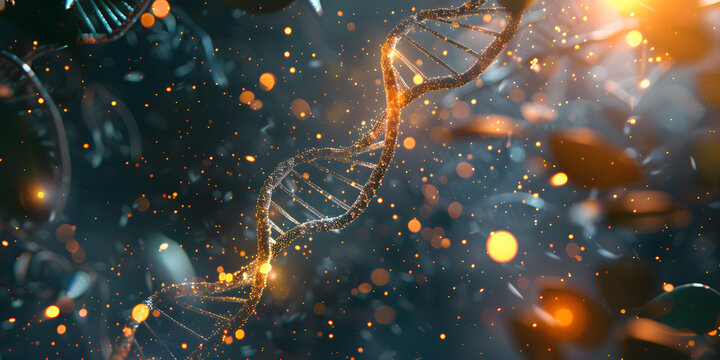 H&eacute;lice dupla de DNA cercada por part&iacute;culas brilhantes