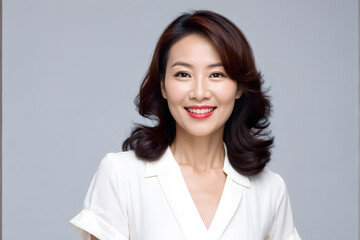 Obraz premium A woman with long brown hair and a white shirt is smiling
