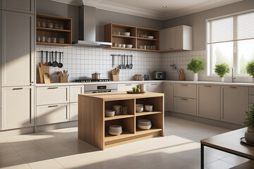 A 3D rendering of a clean and tidy kitchen with full kitchenware