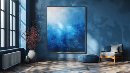 This painting is an abstract work that uses a variety of blue hues to create a sense of depth and movement. 